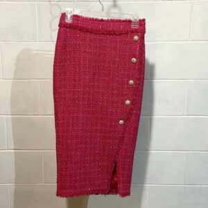 Generation Love Women's Canella Tweed Skirt 2 Hot Pink Side Slit Gold‎ Buttons